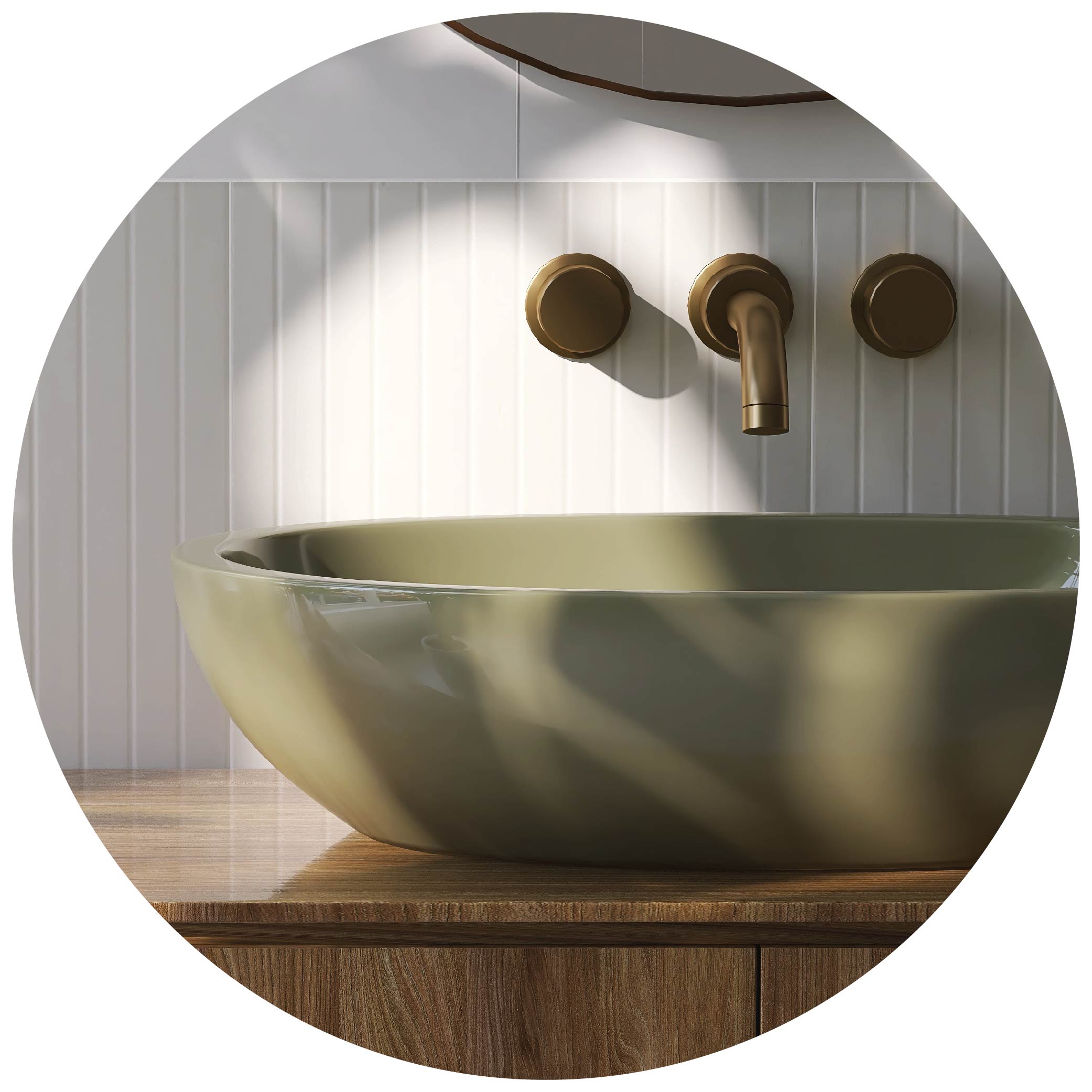 Closeup of olive green bowl sink and antique brass faucet