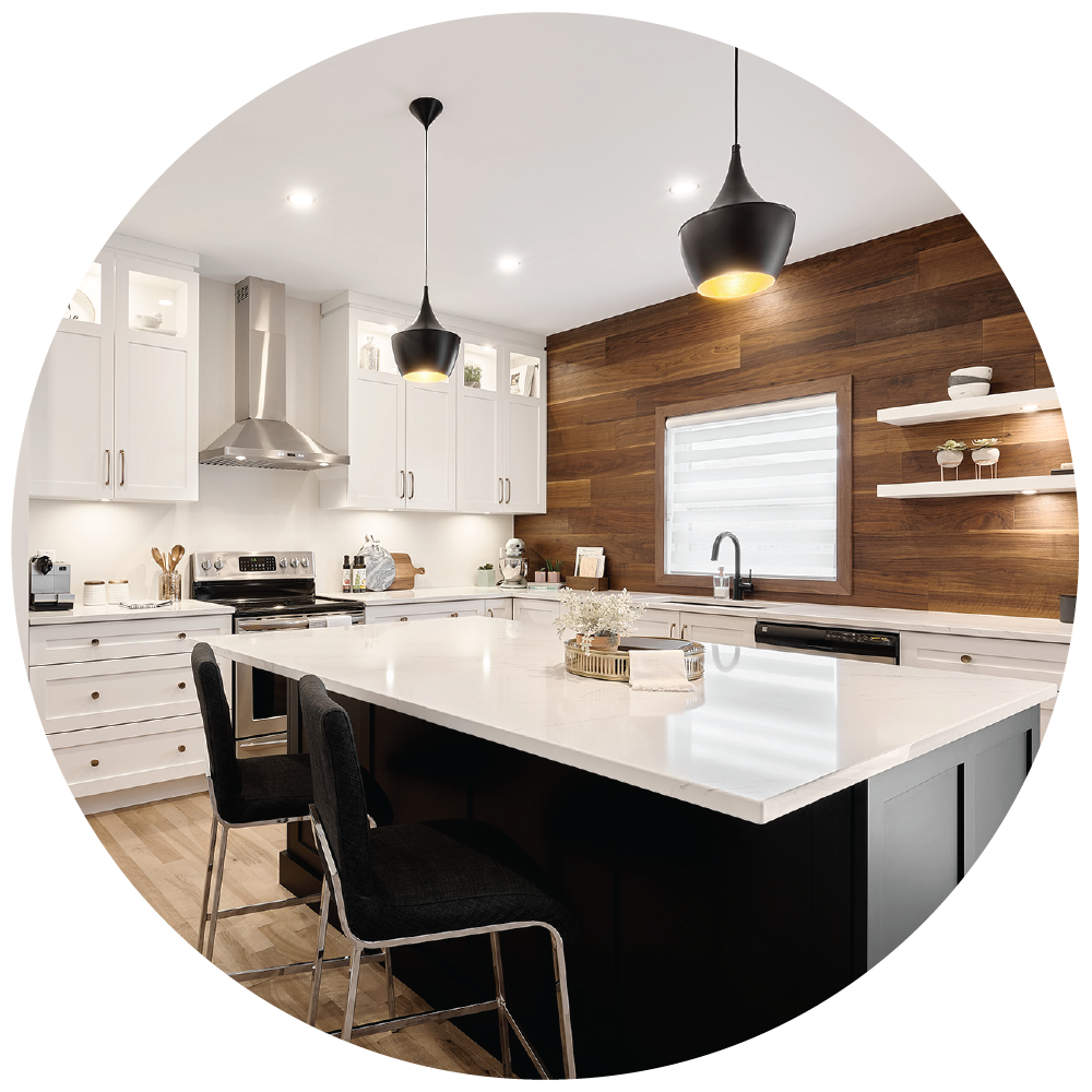 modern kitchen with stainless hood range, white cabinets with window, and a dark walnut accent wall